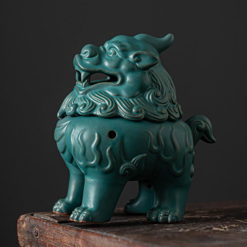 Ceramic Suanni Beast Coil Incense Burner with Lid - Antique Style Ornament for Home