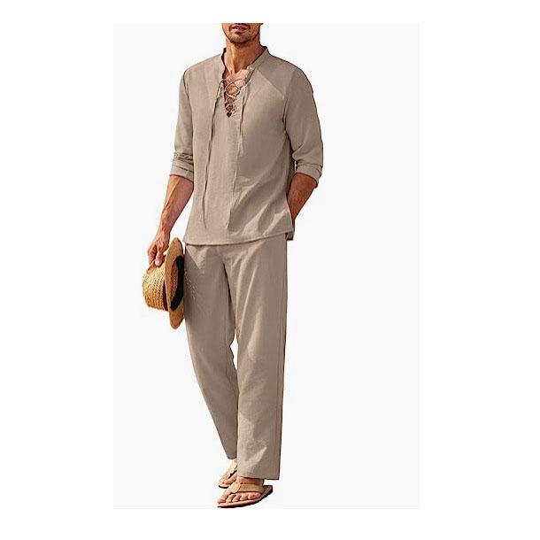 Two Pcs Set Men's Cotton Linen Shirt and Pants Suits for Men Beach Wear Tracksuit Solid Color Shirts Sweatpants
