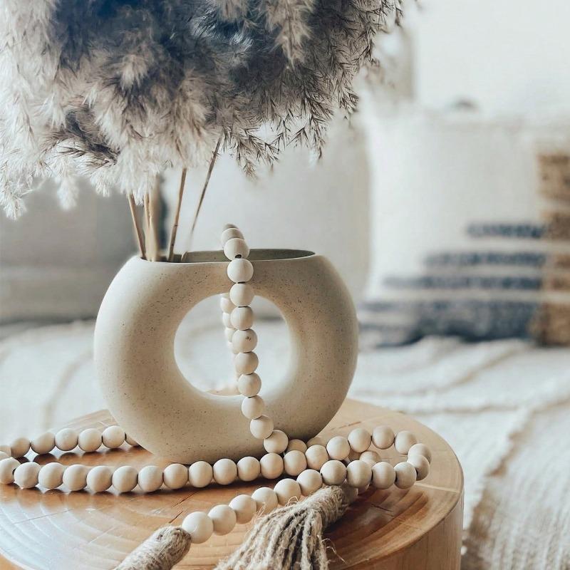 1pc Farmhouse Beads Wooden Beads Garland with Tassels – Rustic Boho Wedding Decor Holiday Wreath for Door/Halloween/Thanksgiving/Christmas