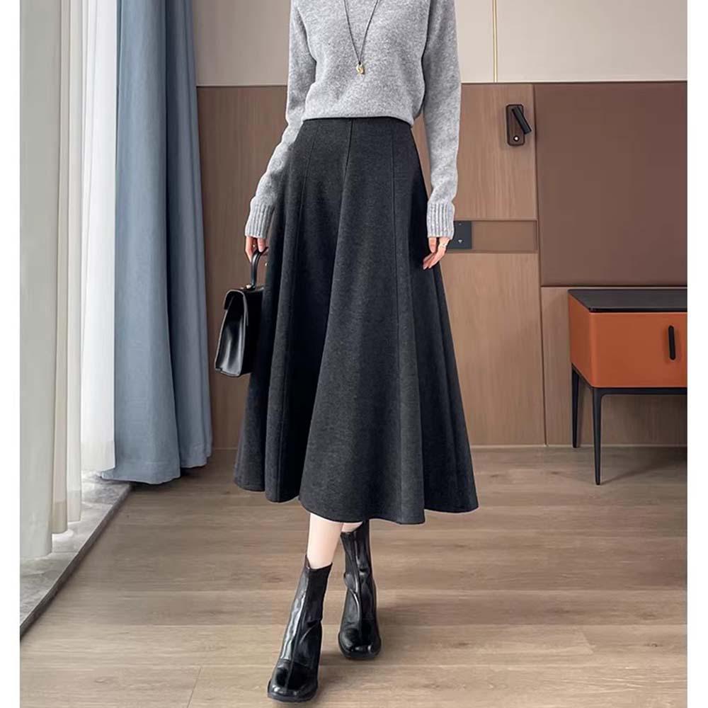 Woolen High-Waisted A-Line Eight-Panel Midi Skirt for Women - Elegant and Versatile for Autumn/Winter