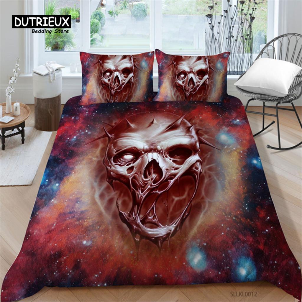 Sugar Skull Duvet Cover Gothic Skull Skeleton Bedding Set Horror Theme Comforter Cover Full King For Teens Adults Bedroom Decor