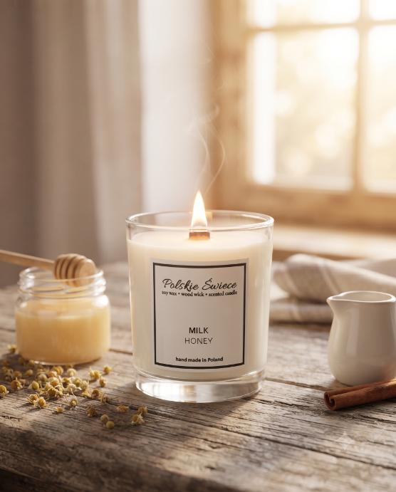 soy candle with a wooden wick + MILK HONEY