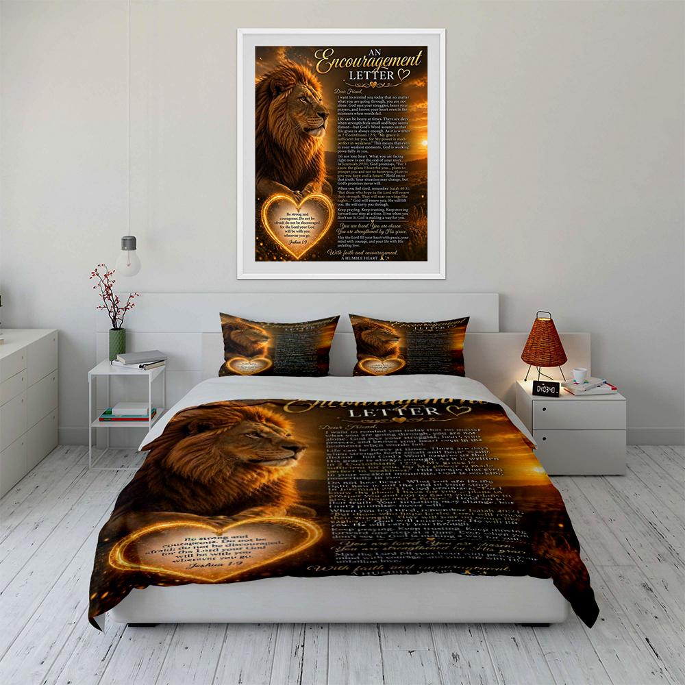Lion Print with Encouragement Letter Design Bedding Set (1 Duvet Cover, 2 Pillowcases, Duvet Not Included)