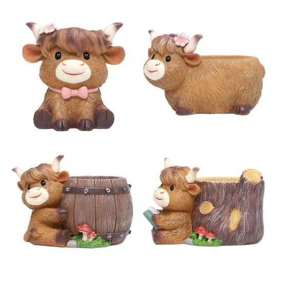 Highland Cow Planter Cute Cartoon Cattle Resin Plant Pot Rustic Animal Flower Pot with Drainage Hole for Outdoor Indoor Backyard Balcony Home Desk