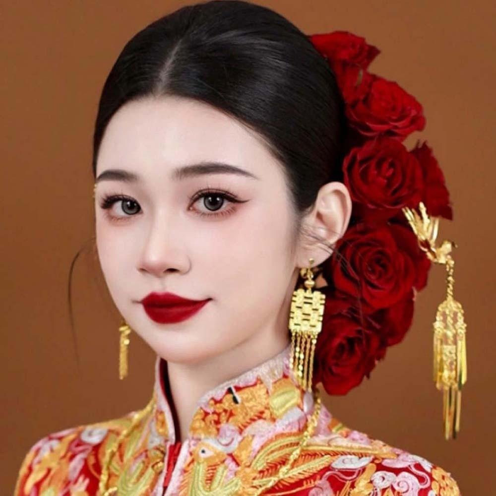 Chinese Style Golden Phoenix Hairpin Cloth Bride Flower Side Clips Beautiful Rose Hair Forks  Women