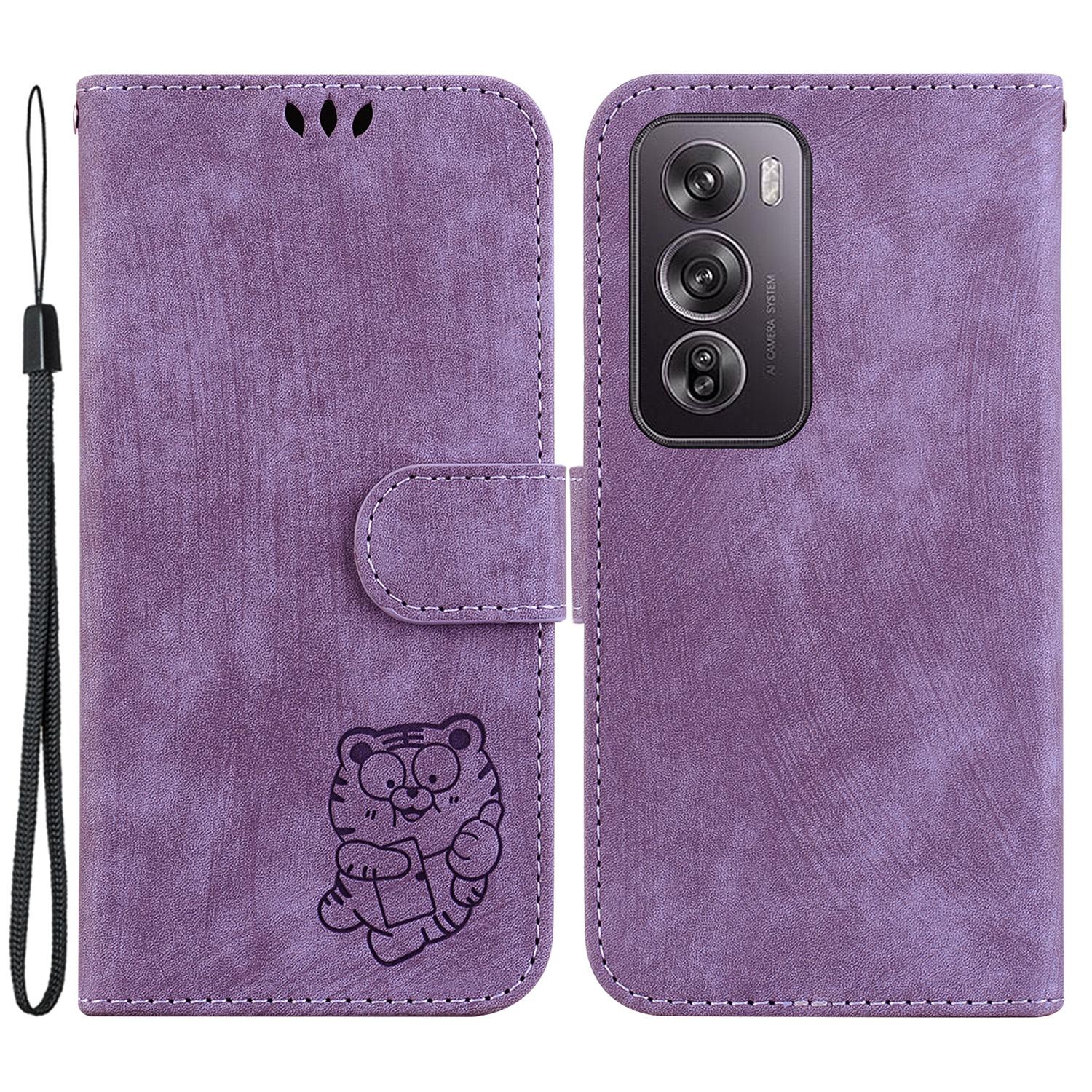 

For Oppo Reno12 Pro 5G (Global) Stand Case Cute Tiger Imprint Leather Wallet Phone Cover Purple