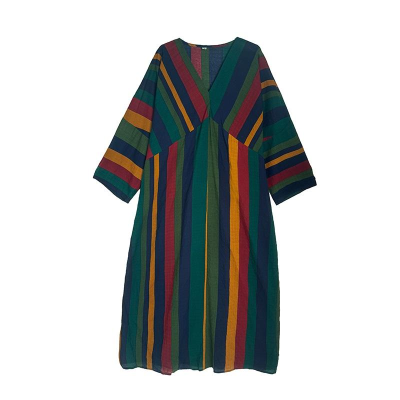 Long sleeve plus size cotton vintage Stripe new in dresses for women casual loose Maxi spring autumn dress