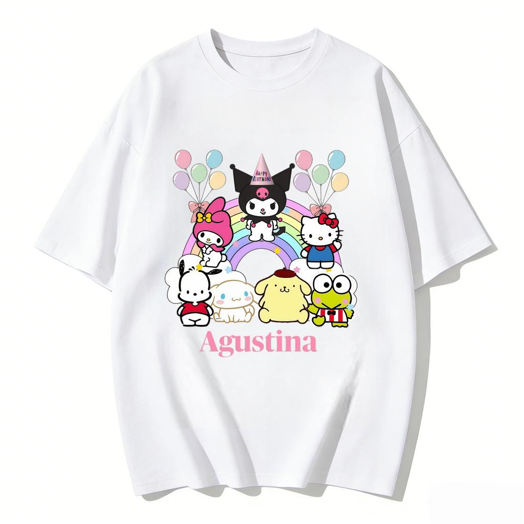 2026 New Sanrio Characters Birthday Cartoon Print Tshirt Family Matching Outfits Casual Short Sleeve Tee for Women Unisex Kids Tee