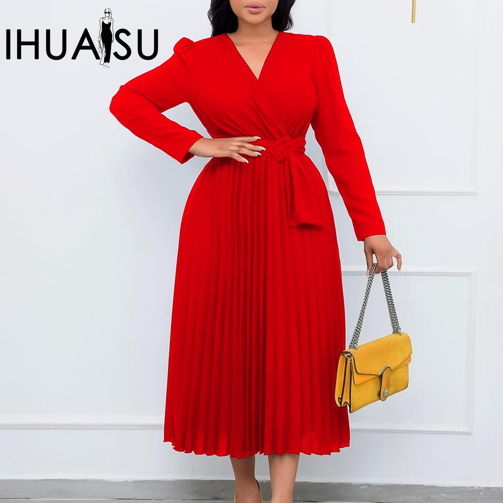 IHUASU Dame Langermet Snøring Ensfarget V-hals Slim Plissert Plussstørrelse Kjole