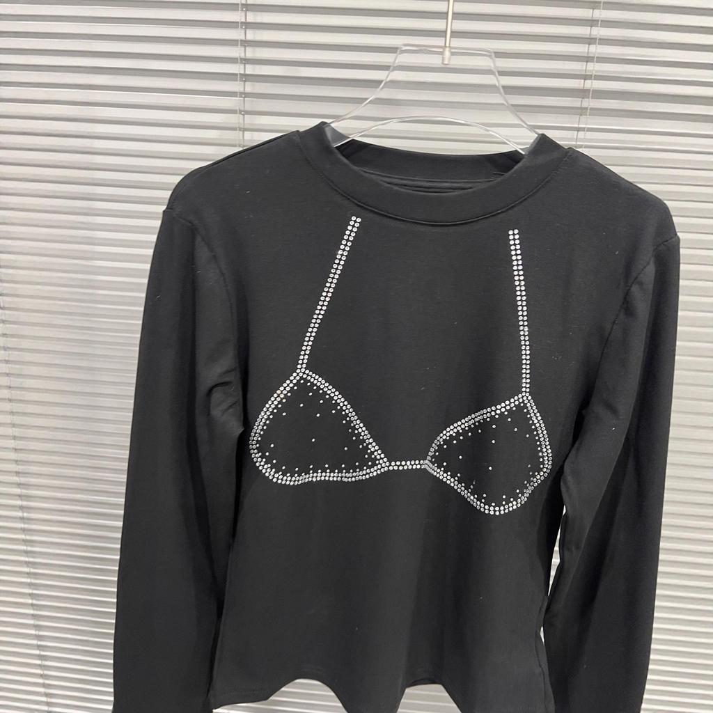 2025 Damen Schwarz Strass Rundhals Schlankmachendes T-Shirt, Herbst/Winter Kollektion