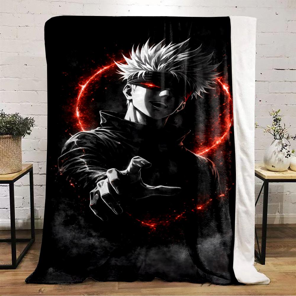 Anime Character with Red Aura and White Hair Design Warm Blanket, Flannel Blanket for Bedroom, Living Room, Sofa, and Nap.
