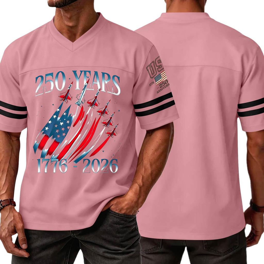 Men V Neck Short Sleeve Jersey Style T Shirt with 250 Years 1776 2026 Print and Graphic Sports Top