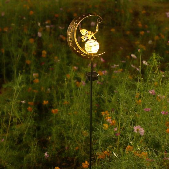 Fairy Moon Solar Garden Stake Light, Waterproof Half Moon LED Pathway Decor, Crackle Glass Ball LED Light, Metal Crescent Lamp for Outside Yard Patio