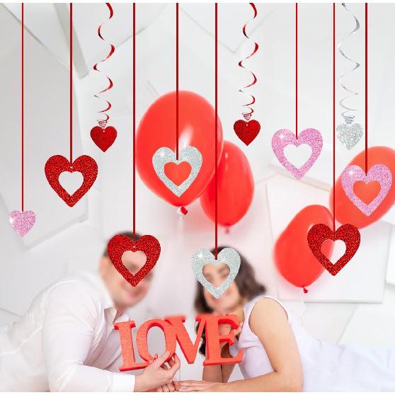48 Pcs Valentine's Day Decorations Glitter Heart Hanging Swirls,Hanging Love Heart Swirls Wedding Party Supplies Decorations, Anniversary, Ceiling