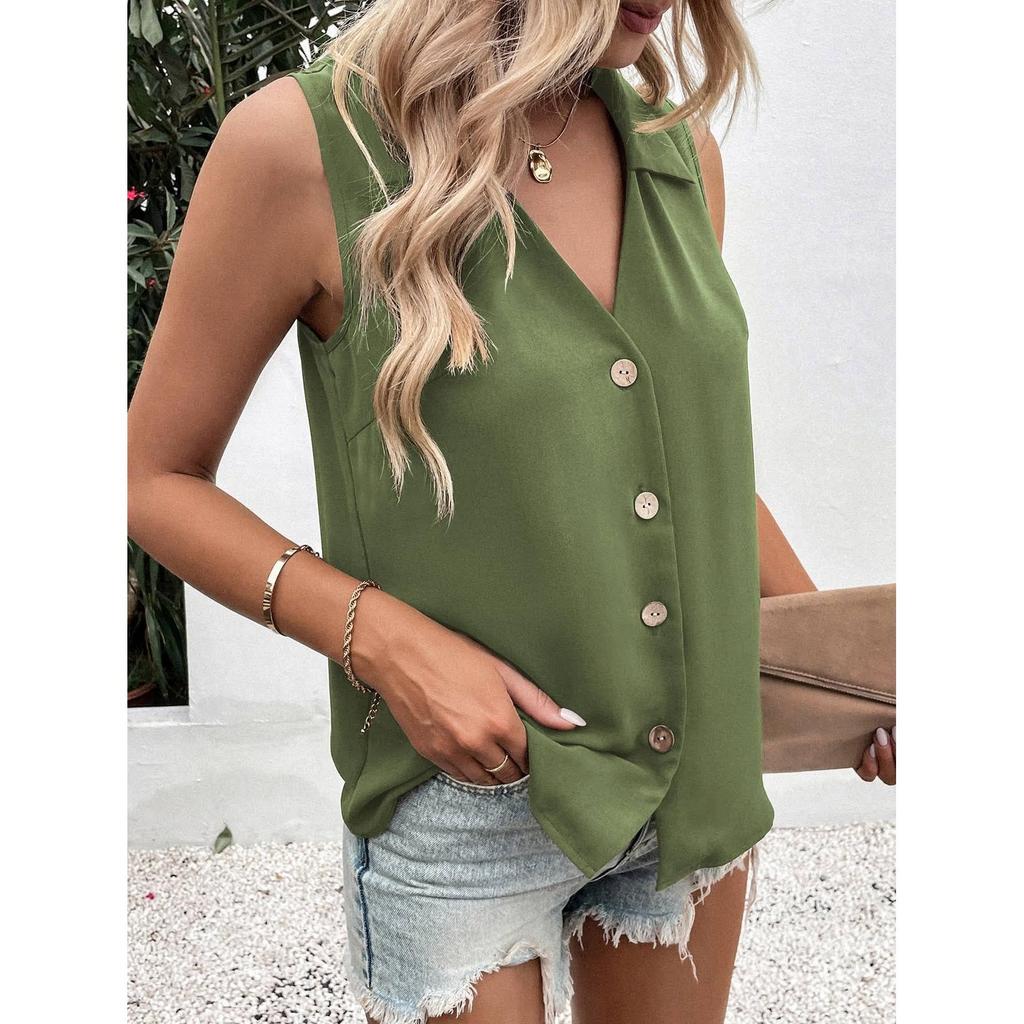Kadın 3XL Yelek Gömlek Moda Düğmeli Yaka Tişört Bayan Düğmeli Zarif V Yaka Kolsuz Atlet Gömlek
