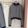 Women's Striped Half-Zip Cropped Hoodie - 2023 Autumn/Winter Long-Sleeve Loose Casual Top