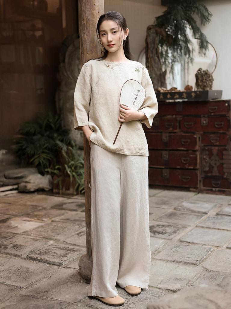 Lu & Andi Women's Spring Han Hemp Wide-Leg Pants - New Chinese Style Slimming Drape Straight Leg Casuals