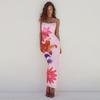 Langes Kleid mit Blumendruck für Frauen, Sommerkleid mit Spaghettiträgern, ärmellos, rückenfrei, figurbetont, sexy Midikleid, elegant