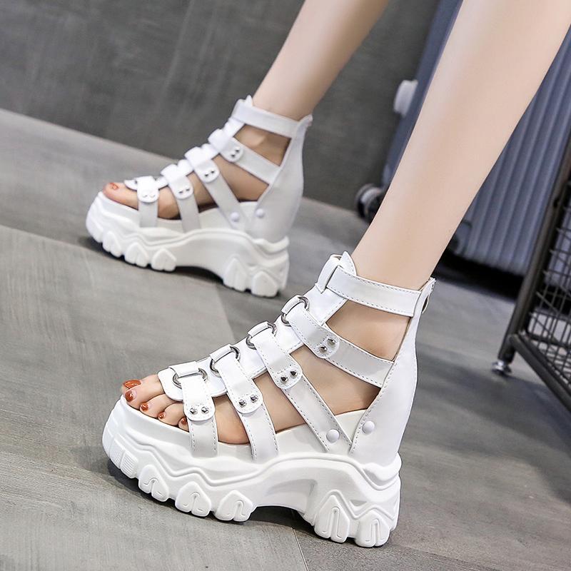 11CM Synthetic Patent Leather Summer Fashion 2025 Zipper Women Sandals Ladies Hot Sale Platform Wedge Mujer Comfort Shoes