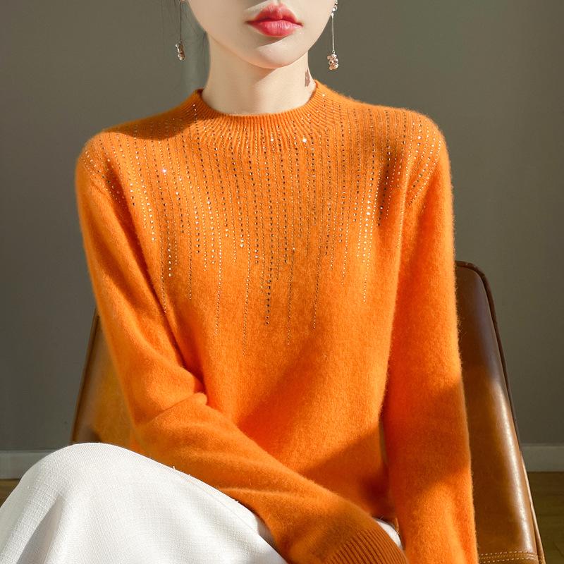 

Женский пуловер из чистой шерсти с кисточками из страз - полувысокая горловина, вязаный свитер с длинным рукавом. Extra Extra Large