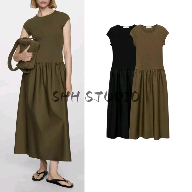 Summer New Arrival Women's Clothing Retro Simple Waist Fitted Round Neck Short Sleeve Pleated Horn Dress 77044073