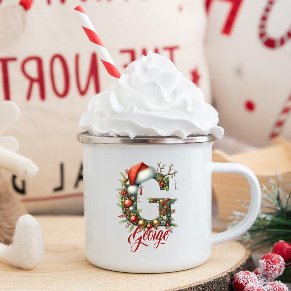 Personalisierte Tasse mit individuellem Namen 26 Buchstaben Emaille Weihnachtsbecher, Geschenk für sie, Weihnachts-Kaffeetasse, Frohe Weihnachten Geschenk