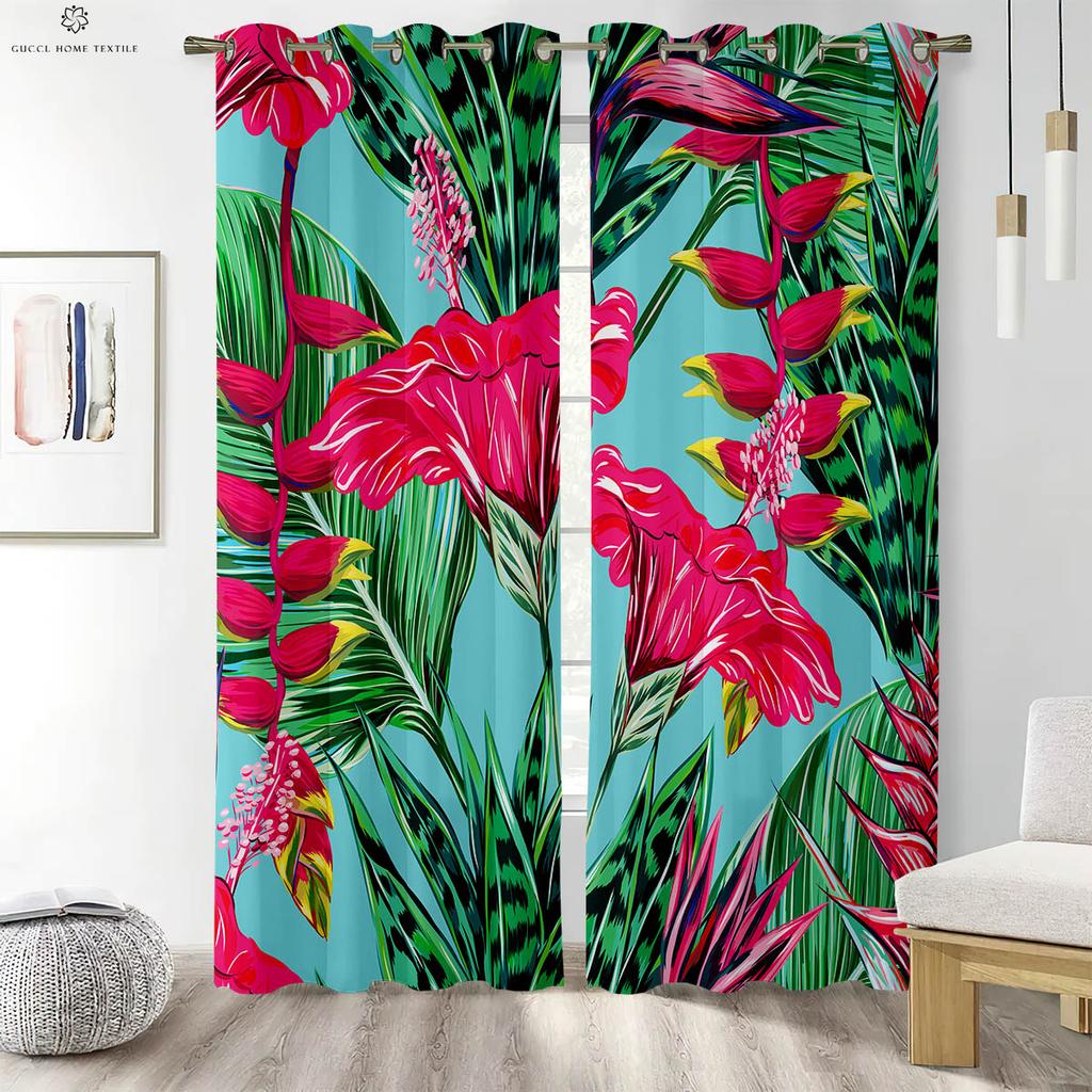 2Pcs Tropical Plant Leaves Printed Curtains 100% Polyester Machine Washable Bedroom Living Room Kitchen Decorative Curtains