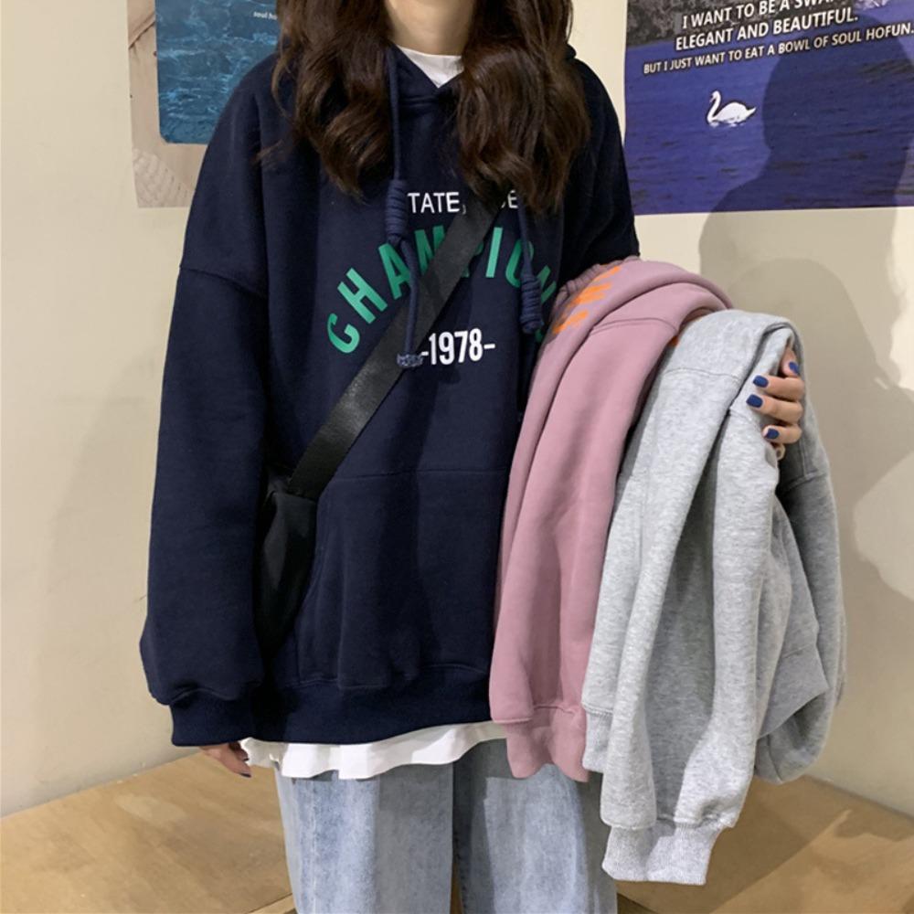 Hooded Sweater Women's Tide 2025 Autumn New Korean Version of Letter Velvet Student Loose Top Women's Clothing