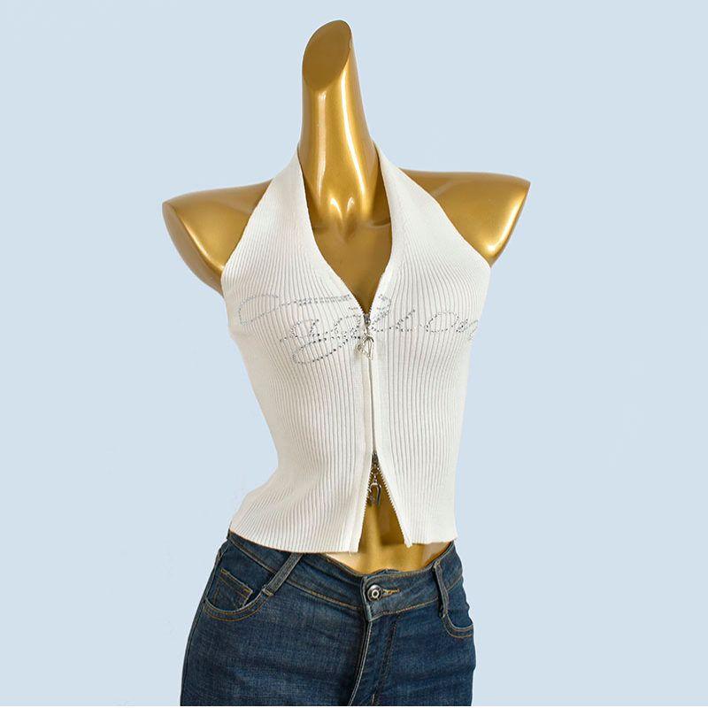 Fashion Sexy Rhinestone Knitted Small Tank Top Vest Women's Summer Inner Wear Halterneck Bandeau Sexy Short Tops Outerwear