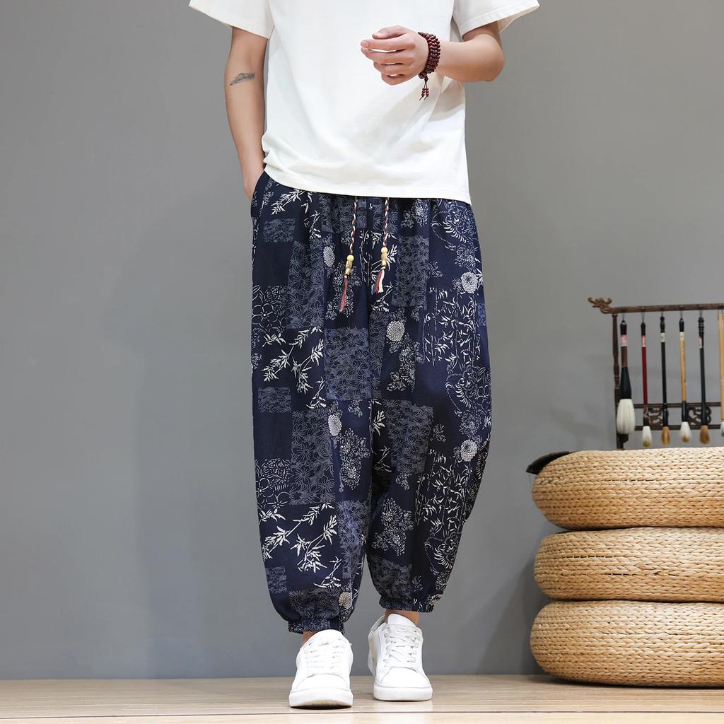2026 Summer Men Casual Print Baggy Pants Men Chinese Style Vintage Harem Pants Male Streewear Wide Leg Pants Male Hanfu Trousers