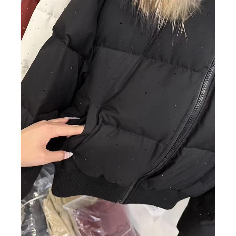 Winter Fur Collar Hooded Padded Short Coat Women Shiny Rhinestone Puffer Jacket Casual Zip Up Outerwear