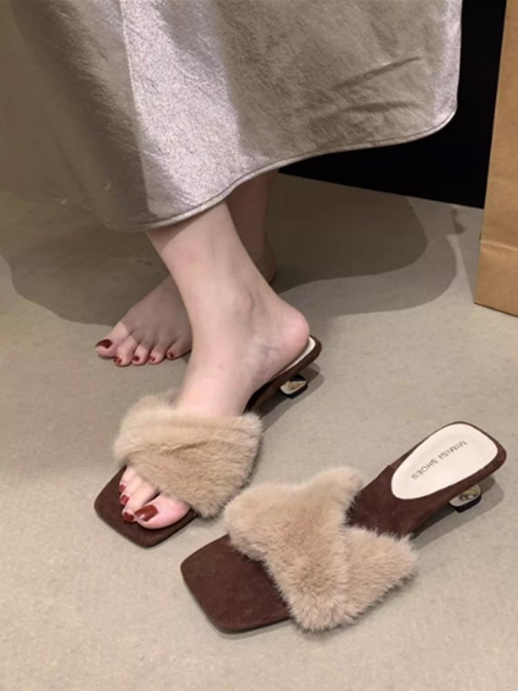 High heels French temperament purple fluffy slippers women's outer wear 2025 new autumn one-word plush cotton slippers