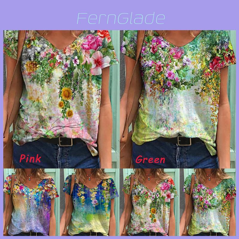 Comfortable Womens V Neck Short Sleeve Blouse Casual Floral Print T-shirt Tunic Tops