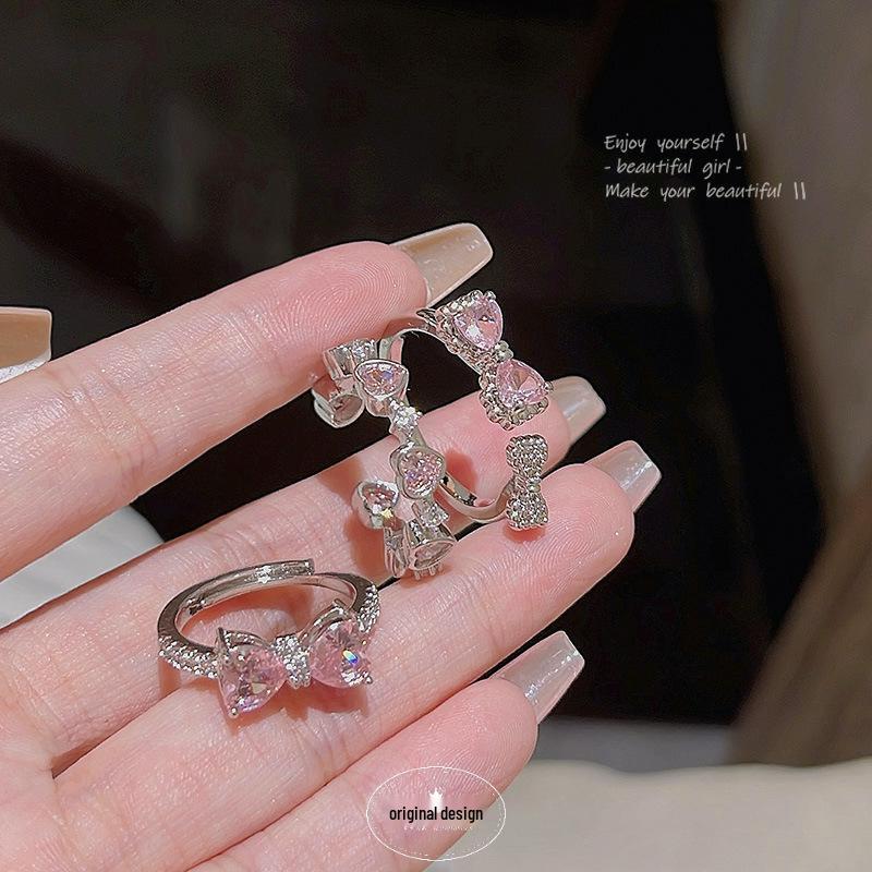 Elegant Pink Zircon Butterfly Adjustable Ring - Korean Light Luxury Design