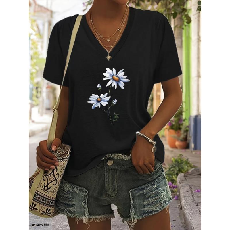 Flora Print Women s V-Neck Short Sleeve T-Shirt S