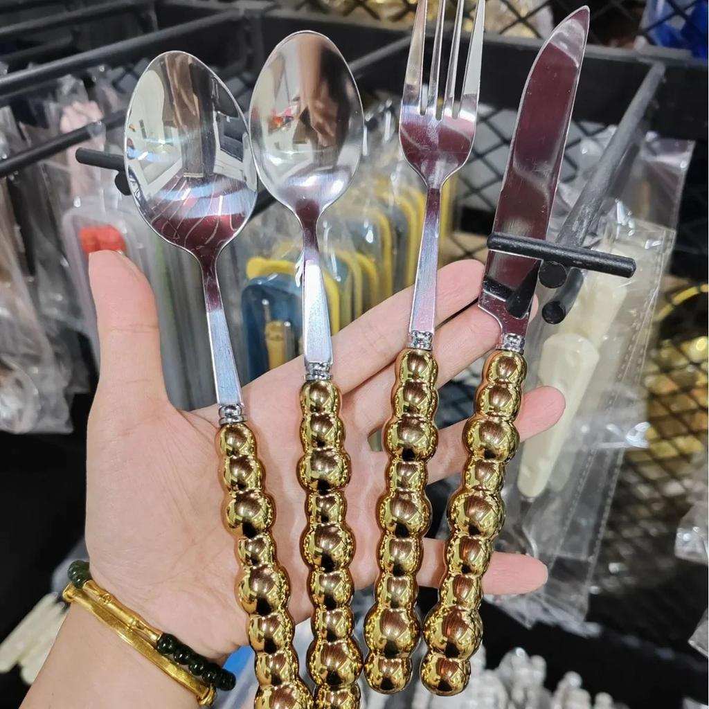 4Pcs Gold Dinnerware Set Stainless Steel Cutlery Knife Tea Fork Coffee Spoon Pearl Ceramic Handle Flatware Utensils for Kitchen