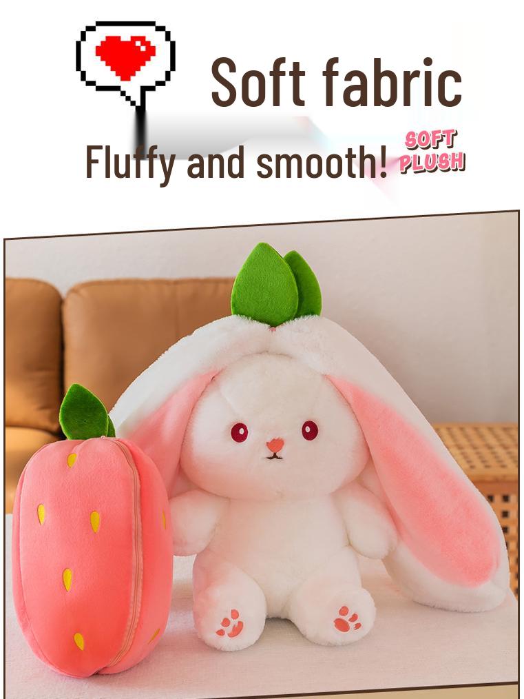 Strawberry Bunny Plush Toy with Big Ears and Carrot Stuffed Doll