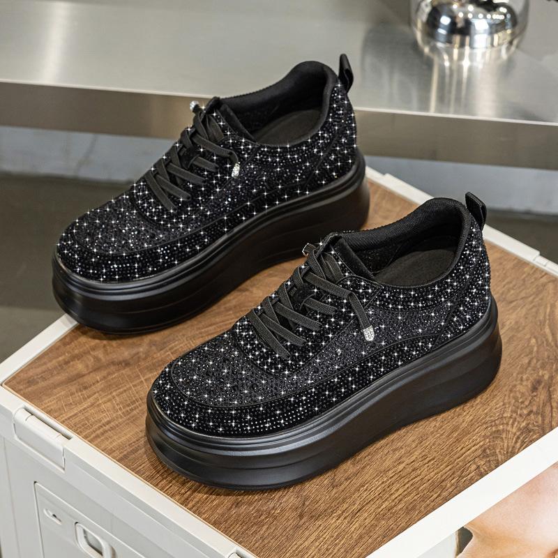 Frühling Sommer Plateau Sneaker Damen Komfort Versteckter Absatz 3cm Atmungsaktives Plateau 6cm Modische Schuhe Schwarz Weiß