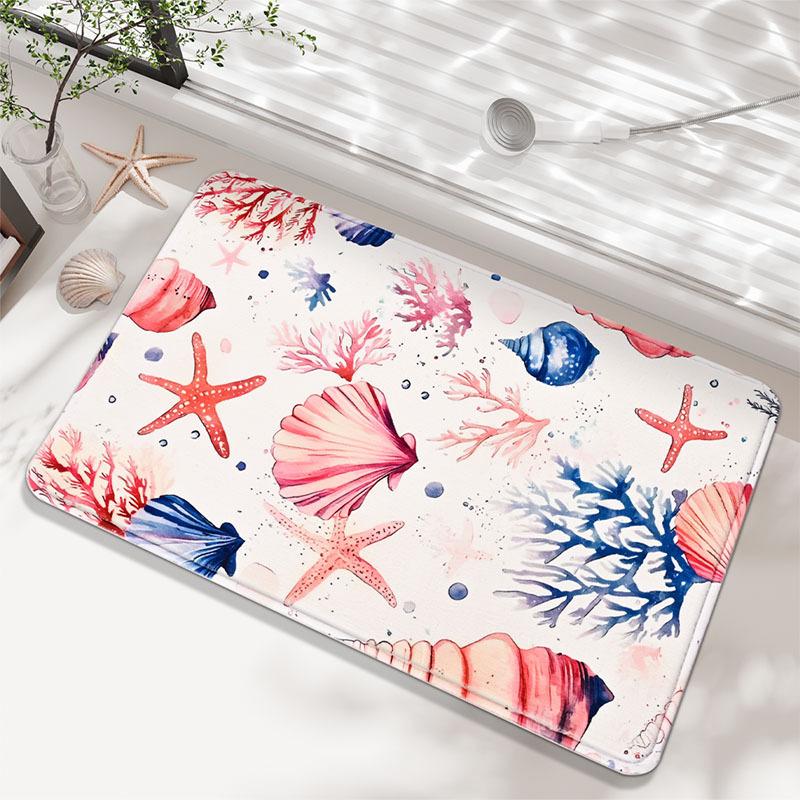 Starfish Shell Design Bath Mat Soft Faux Cashmere Absorbent Floor Mat Non Slip Bathroom Mat Home Entrance Mat