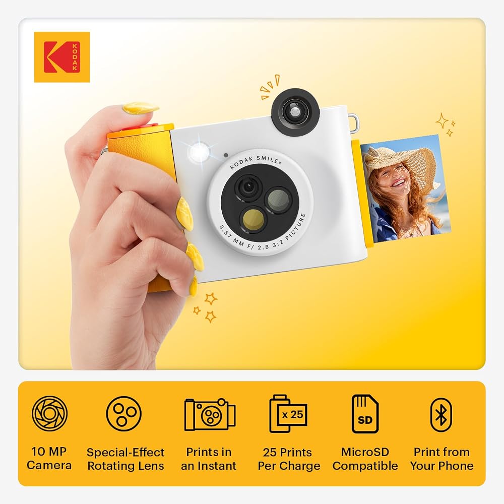 KODAK Smile+ 2-in-1 Digital Instant Print Camera & Wireless Bluetooth Photo Printer - 10MP, Special Effects Rotating Lens, Zink 2x3 Inch Adhesive Phot