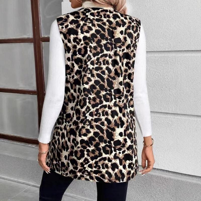 Damen S Leo-Print V-Ausschnitt Pullover Mittellanger Mantel