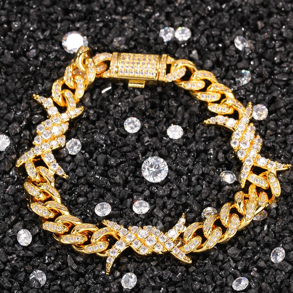 New Designs CZ Twist Thorn Cuban Link Chain Bracelet 10mm Cuban Chain 18K Gold Plating of Rapper Jewelry 7inch(17.78cm) золотой