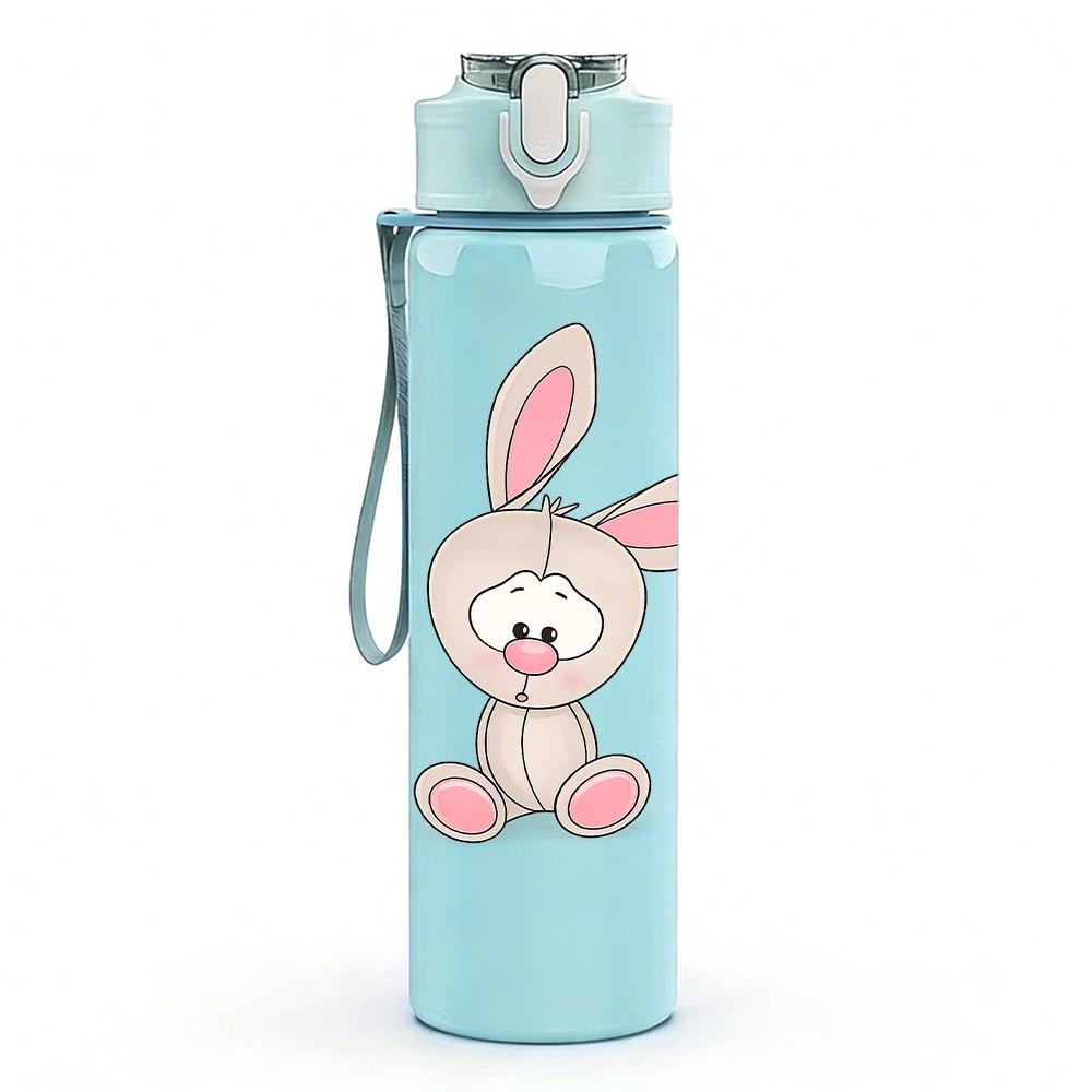 1PC Plain Cute Sitting White Bunny Print 750ml Color Plastic Sports Water Bottle Leakproof Flip Straw Lid Suitable for Sports Office Home Use