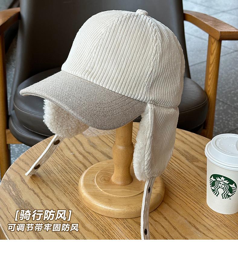 Autumn  Winter Unisex Cycling Ear Protection Fleece-Lined Warm Bomber Hat Vintage Corduroy Color-Blocked Baseball Cap