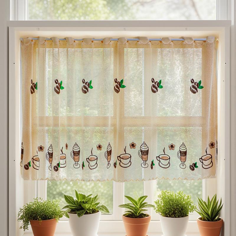 Simple Dust-proof Curtain for Kitchen and Bedroom Bay Window Short Curtain with Lace Embroidery Pattern