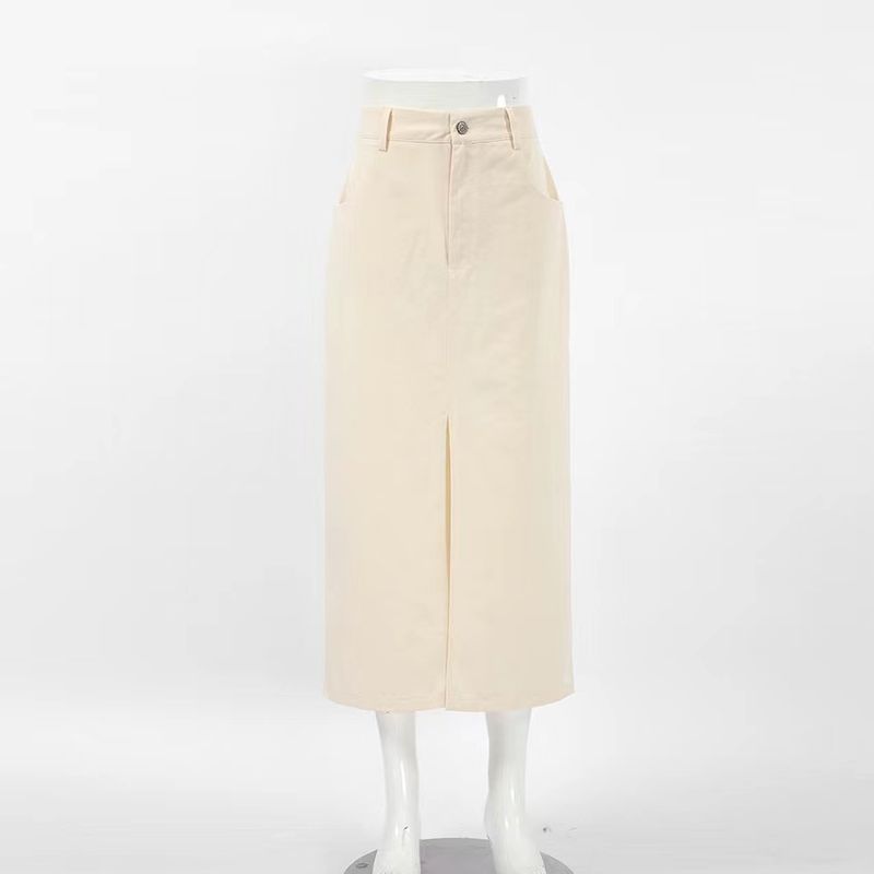 

New Arrival Summer French Style Silm Sheath Denim Skirt Slit Skirt High Waisted Slit Skirt Apricot color S
