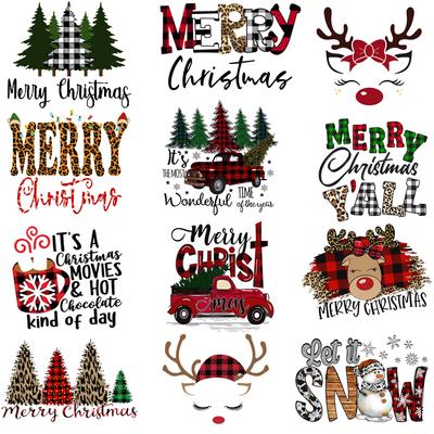 Deer Xmas Tree Car Print Heat Transfer Apron Kids School Bag T-Shirt Sticker Clothes Handbag Washable Patch Decor Holiday Gifts
