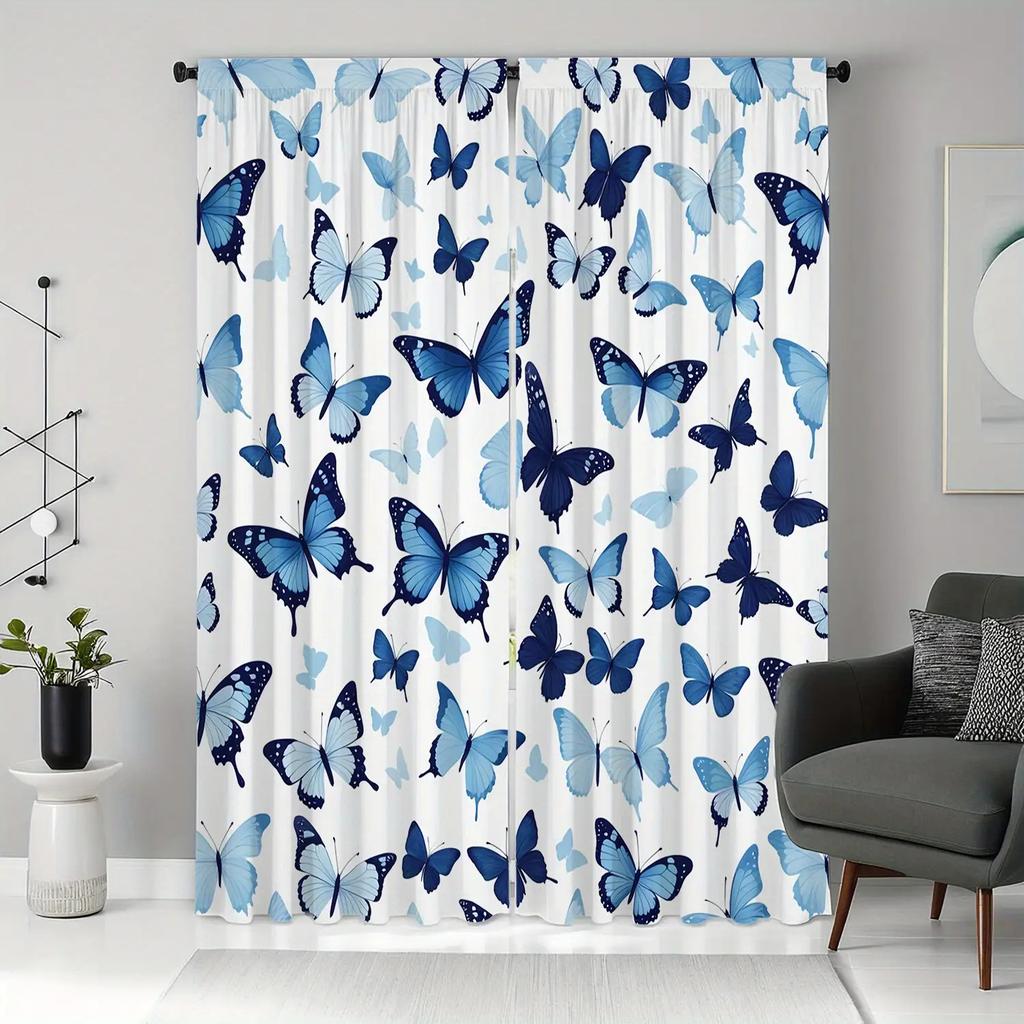 Artistic Blue Butterfly Print Curtains Polyester Fabric Suitable Bedroom Living Room Decoration Curtain Machine Washable Ideal For