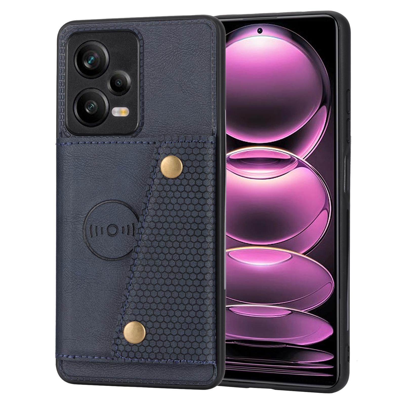 

For Xiaomi Redmi Note 12 Pro+ 5G Kickstand Dual Button Card Holder Phone Cover Leather Coated TPU Case with Built-in Metal Sheet Blue
