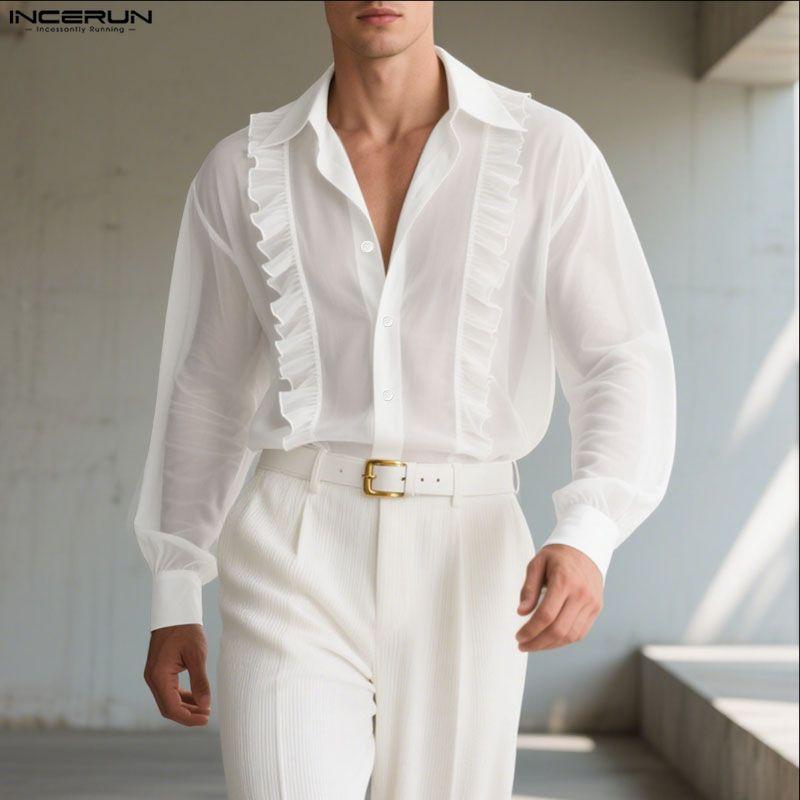 INCERUN Oversized Men Lapel Neck Long Sleeve Ruffled See Through Transparent Party Club Loose Shirts